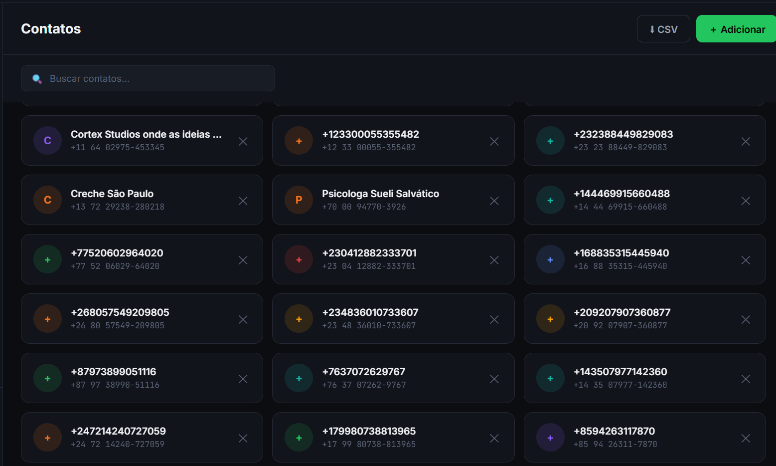 Tela de Contatos centralizados do Zap Disparador